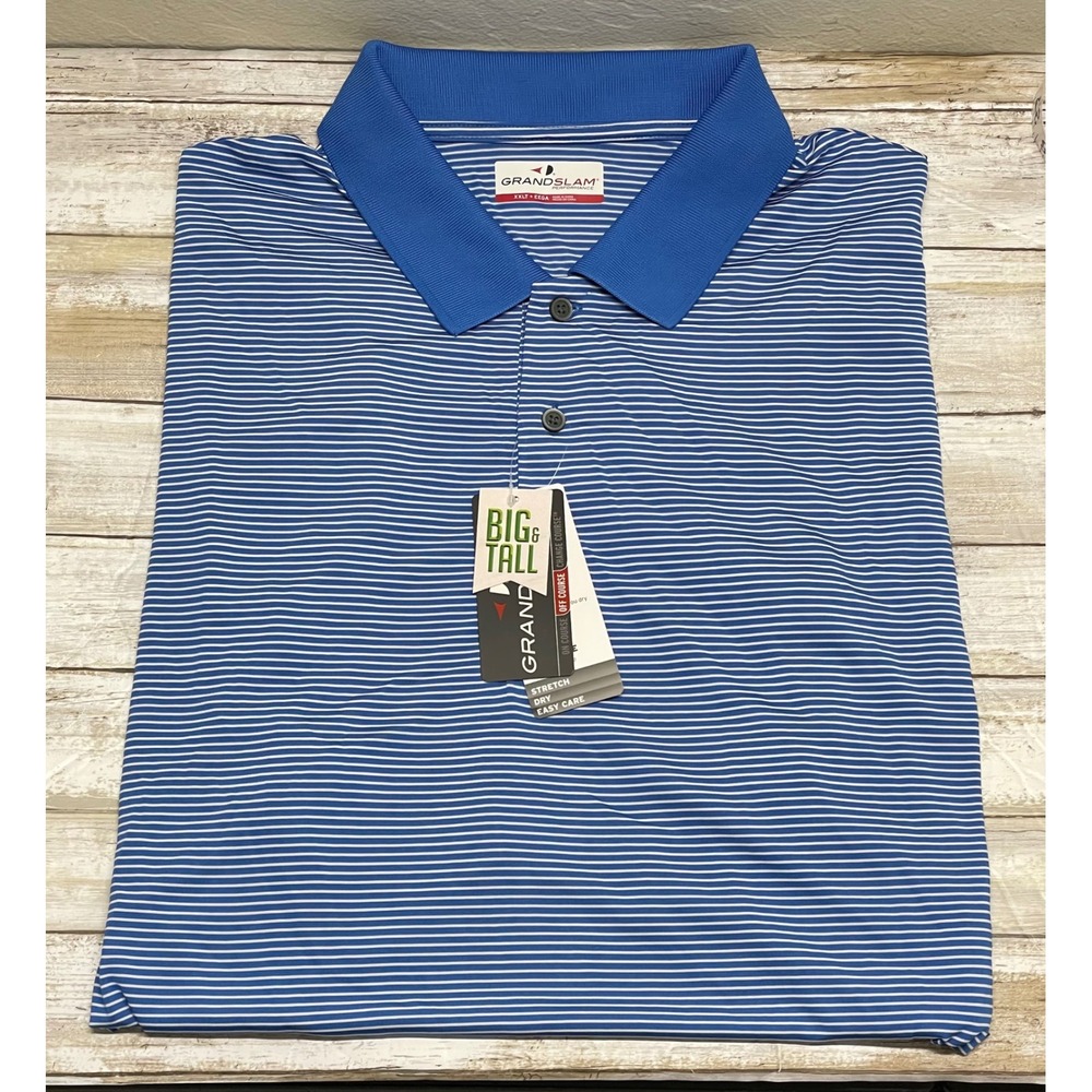 Grand Slam Performance Big & Tall  Blue Striped Golf Polo‎ Shirt, XXL tall.